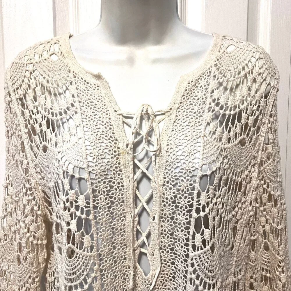 Forgotten Grace-100% Cotton Women's Boho/Hippie Top-Cream-Med-Lace Up-Lace Scall - Picture 3 of 12